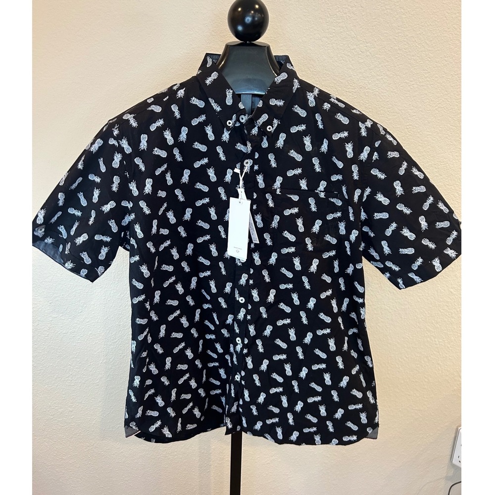 Level Ten Mens XL Black Pineapple Print Peached Poplin Slim Fit SS Shirt
